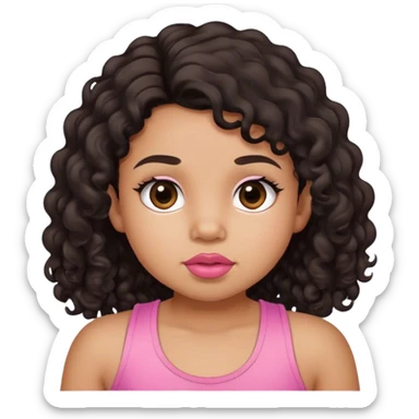 light brown skin tone, very adorable toddler, with big plump lips, long long lashes, black curly long hair, brown eyes, pink tank top sticker