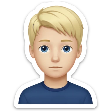 A portrait of a 14-year-old boy, he's got fair blond and yellowish ivy league hair, fair skin and blue eyes. he's wearing a dark blue longsleeve. he's calm. sticker