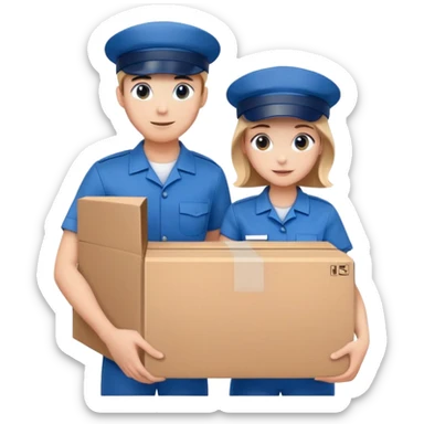 two suppliers in blue uniforms and caps holding a big box together, different pose sticker