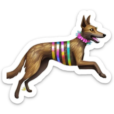  brindle brown black maroon striped lurcher Alsatian fox running blue eyes and iridescent holographic oilslick harness wearing paper iridescent tropical flower crown yellow caution tape sticker