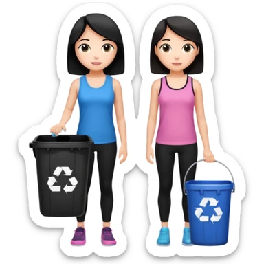 generate a genmoji of a black haired girl in a pink tank top and black leggings holding a black trash bag. Standing with her is a brunette girl in a similar blue tank top and black leggings.
Standing in front of a dustbin sticker