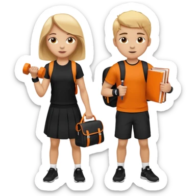 light skin students girl and boy with school bag full of books on hand and dumbell in other hand. Clothes are in black and orange colours. They are going to the gym. They have brown and blonde hair sticker