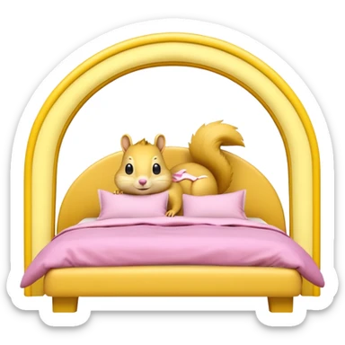 The features a bed themed as a large, cheerful, yellow squirrel. The squirrel's head forms an archway over the bed, with large black eyes, a small pink nose, and prominent white cheeks. The bed frame and arch are bright yellow with integrated yellow LED lighting running along the curves.  sticker