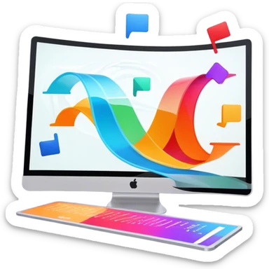 Animation and motion design. Show a computer screen with an animation timeline, moving frames, and a play button. Include motion design elements like flowing lines, curves, or rotating objects. Modern, creative colors. No emojis or smiley faces. Transparent background. sticker