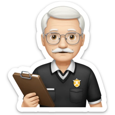 An old stern white hair and mustache, wear glasses referee with a clipboard, monitoring players closely. sticker