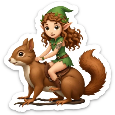 tiny forest elf long curly brown hair tattoos riding squirrel sticker