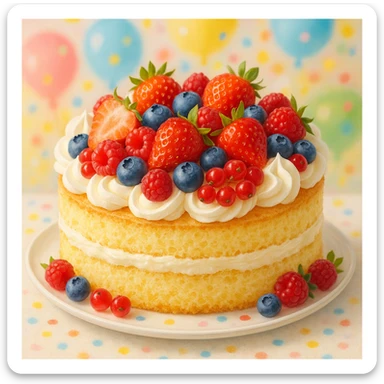 festive cake with cream and berries, airy, joyful style sticker
