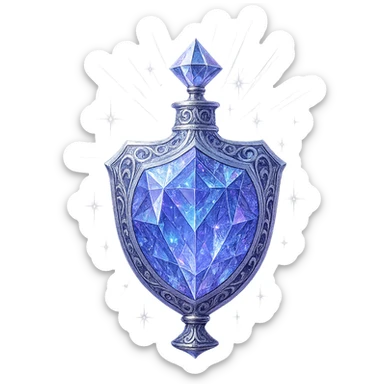 ultra luxurious crystal elixir bottle in shield shape, color #7986cb, multi-layered holographic and silver filigree, intricate crystal texture, magical glowing and sparkling effects, radiant light beams, very small neck, seamless ornate bottom, transparent background, bottle clearly floating in air, no base or shadow, modern, collection style, extremely beautiful and refined sticker