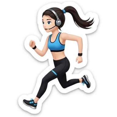 A girl with fair skin and a caring blush. Her eyes are big, expressive, blue. Her hair is long, straight, dark brown. 

 in a ponytail 


with black leggings and black spot bra running with headphones sticker