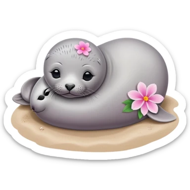 A small, slim baby seal resting gracefully on a sandy beach, with a delicate pink flower placed on its head.  Grey color sticker