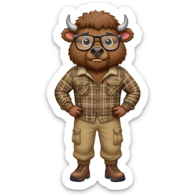 friendly anthropomorphised bison in cargo pants and plaid shirt, wearing glasses, jogging upright sticker