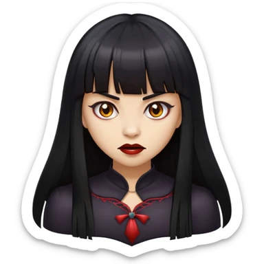 A girl with long black straight hair with bangs and medium brown skin color emoji traditional scary vampire version sticker