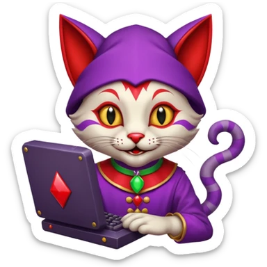 crazy colorful cute little cat jolly joker from poker, medieval, vintage, court jester, mac os icon, purple and red color, half body. The cat is represented as Code inside a retro computer terminal sticker