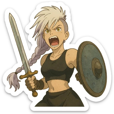 A sword maiden, mohawk, long braid white hair with lavender and tips long messy bangs one side, gold yellow eyes, black crop top, brandishing an arming sword and a shield, roaring! rah! sticker