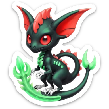 Evil horned glowing scary spooky Obsidian-black and neon-glowing-green skeletal Meloetta-Salandit-Nargacuga-Zygarde-Pokémon-Fakémon-creature-fusion-hybrid with glowing crimson-red evil slit eyes sticker