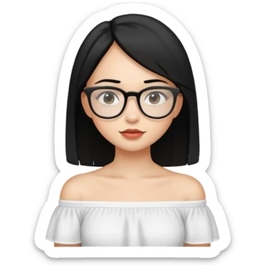 A light skinned girl with straight black hair on shoulder length wearing a white off shoulder and glasses sticker