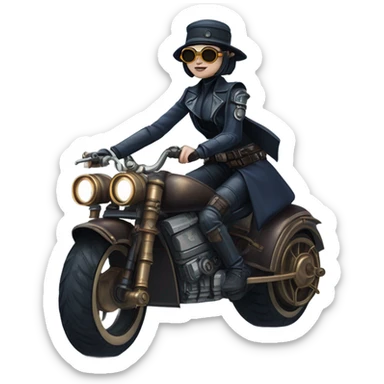 Bounty hunter Wednesday Addams Jedi wearing a pair of navy-blue rimmed steampunk goggles, hat, leather chaps, light saber, fringe jacket riding a distressed sci-fi 3 wheeled steampunk electric motorcycle with fenders and saddlebags on icy road  sticker