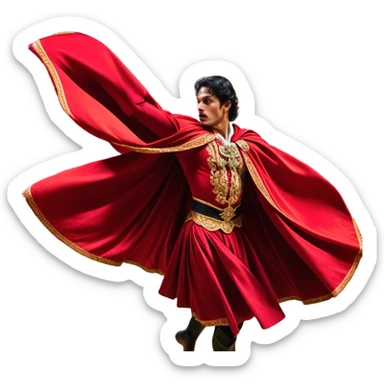 ​Cinematic Realistic Spanish Matador Holding a Red Cape, depicted in mid-action with a vibrant red cape flowing in the wind, dressed in an ornate traje de luces with shimmering details, confronting a charging bull in a dramatic arena, rendered with dynamic motion blur and vivid, high-contrast lighting, sticker