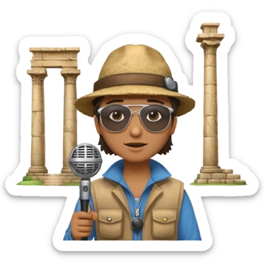Icon for Documentary Film: A TV-style design with a traveler speaking in front of ancient ruins. Include details like a microphone, the traveler in casual explorer attire, and the ruins in the background. Capture the atmosphere of an informative journey through history. Transparent background. sticker