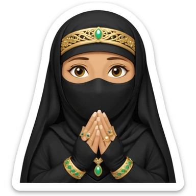 an old emirati women wearing traditional cloths covers her face with burg'a a;; the cloths and burqa'a are black sticker