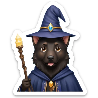 all black german shepherd face wearing a wizard hat and staff and magic swirling around him sticker