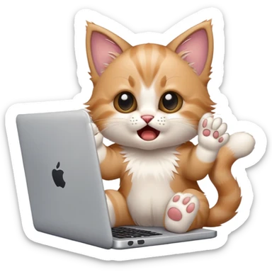 A cute kitten is sitting at her laptop with both paws up and screaming. He has a condition that he is fed up and can no longer tolerate it. sticker