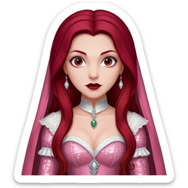 Aleera, Bride of Dracula from Van Helsing with long dark red hair, light pink sequin outfit sticker