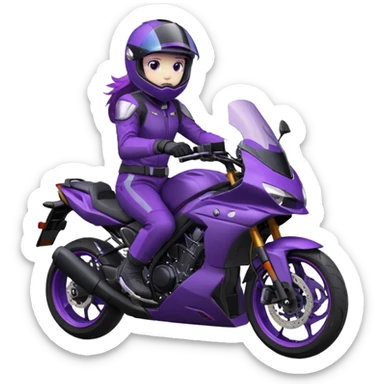 Créer un emoji avec une moto mt07 sport noir mate / violet iridescent très foncé. Avec une pilote dessus visière violet sombre faceless, bulle de la moto violet. Avec fond arrière violet, tenue complète casque inclus violet  sticker