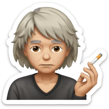 stressed emoji looking down shaking head wearing a disheveled wig with a cigarette in hand sticker