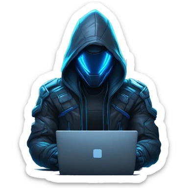 developer behind his laptop with this style : crysis Cyberpunk Riot Games Valorant neon glowing bright blue character blue black hooded assassin themed character sticker