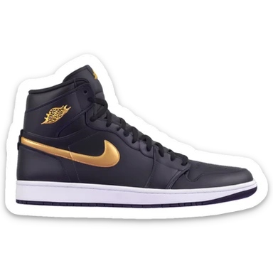 Jordan 1 sneaker, shiny black material with a metallic gold swoosh sticker
