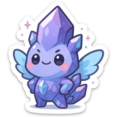 kawaii chibi style crystal sprite creature, purple, blue, and pink, with tiny magical wings, proud expression, chest puffed out sticker