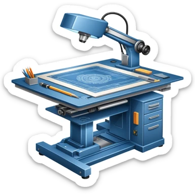 An icon featuring an engineering drafting table with a blueprint, a ready machine, and microchips, symbolizing engineering. The design includes gears, tools, and circuit boards, representing the design, creation, and innovation in technology. Transparent background highlights the science of building sticker