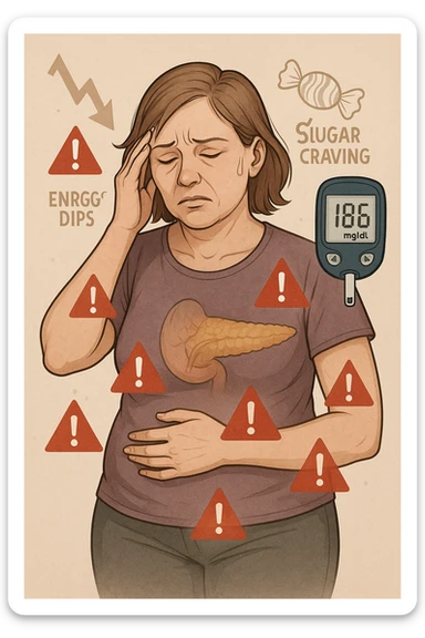 "Woman struggling with worsening insulin sensitivity, blood sugar spikes visualized as red warning signals throughout her body, expression of energy crashes and sugar cravings, pancreas working overtime shown in transparent overlay, pre-diabetic progression despite dietary efforts, metabolic syndrome symptoms accumulating, glucose meter showing increasingly concerning readings" scritte in italiano sticker