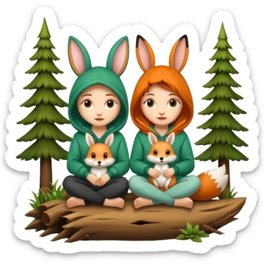 two forest women with cute fox and rabbit hoodies sitting together on log sticker