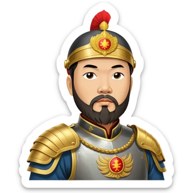 ​Cinematic Realistic Portrait of Trần Hưng Đạo, depicted as a revered Vietnamese general with his characteristic traditional Vietnamese beard and historic armor, his determined gaze illuminated by dramatic historical lighting that evokes his legendary martial spirit and leadership, sticker