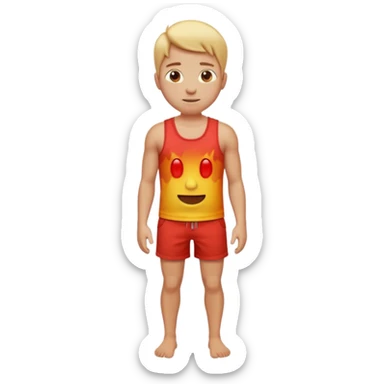 Emoji-style person standing in beach shorts, skin visibly sunburned and red on arms, legs, and face, but chest and shoulders clearly lighter with tank top tan lines. Expression shows mild pain or discomfort, cute rounded emoji design, soft 3D shading, vibrant colors sticker