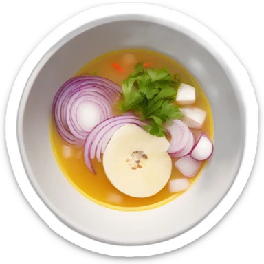 white bowl of hot soup with the following ingredients sliced red onions, albacore, coriander and yucca sticker