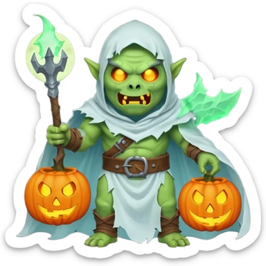 male orc warrior ghost emoji, green skin, tusks, wearing torn white ghost sheet costume, holding glowing jack-o'-lantern, faint blue aura, friendly but spooky expression, Halloween fantasy theme, Apple emoji style, clean white background, square sticker