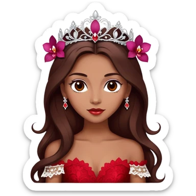 enchantress with brown eyes and tanned skin and long chocolate brown hair wearing a embellished scarlet red and white lace gown with orchid tiara sticker