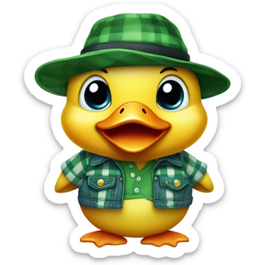 cute fluffy chubby baby duck with hand and wear green hat and red checkered shirt and jeans jumpsuit sticker