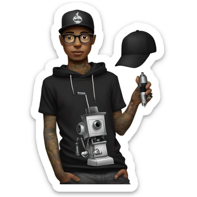 black cap, hoodie and glasses boy tattoo artist  holding tattoo machine sticker
