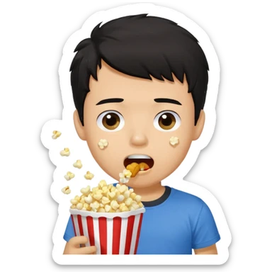 generate a pretty tan bratz boy with a blue tshirt on. eating popcorn. messy black hair sticker