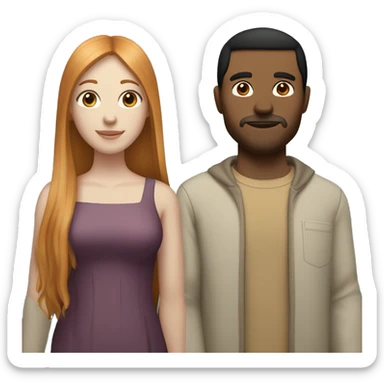 a married couple standing beside eachother, one has pale skin and long straight ginger hair with bangs and blue eyes, the other person is a man that is mexican and has tan skin and straight chin length black hair with brown eyes sticker