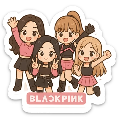 Blackpink K-pop girl group four members chibi style cute pink and black energetic group pose K-pop fashion sticker