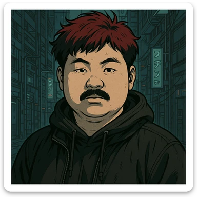 Asian man with a round face, black mustache, red hair, black hoodie, Japanese manga style inspired by Ghost in the Shell, more anime-like features, cyberpunk atmosphere, detailed linework, subtle color accents sticker