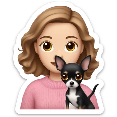 Pretty blue eyed white girl with brown hair in a pink sweater holding a black chihuahua  sticker
