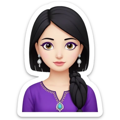 a pretty bratz girl with straight black hair, wearing a purple kurti, silver jhumkas, eyeliner, carrying momos sticker