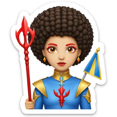 Emoji metisse femboy mais plus masculin avec drapeau ukrainien arriere plan, un afro, sourcils rouge, fourche trident, et eclairs et sur fond bleu clair irrisé. Peau lightskin, yeux marron et cheveux marron bouclés mais en mode afro pixi cut sticker