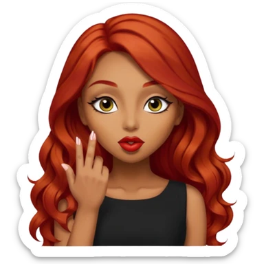  woman with long red hair and dark eyeliner make up and olive skin sending a kiss in black dress sticker